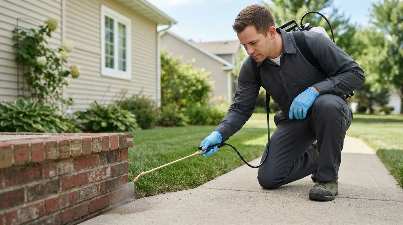 Pest control technician treating a home near Badger, IA
