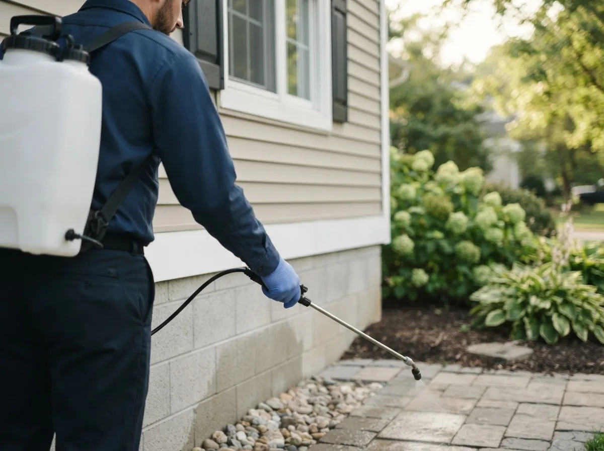 Pest control technician inspecting a home in Badger, IA